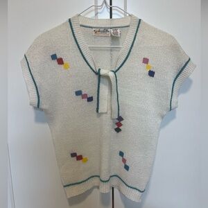 Vintage Sweater Bee Banff Korea Color Blocks Acrylic Knit Neck Tie Top 70s Med